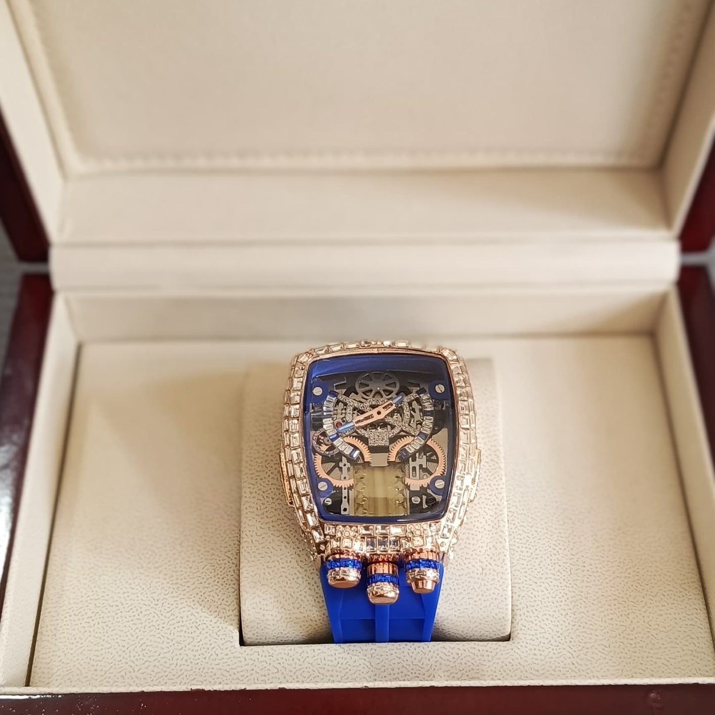 Bugatti Style Iced Skeleton Watch for Men – Premium Tonneau Design | Multiple Colors